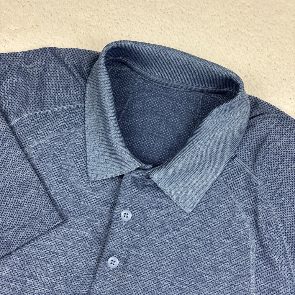 LULULEMON 'Metal Vent Tech' Polo Shirt Mens Large Blue Slim Stretch Golf Modern